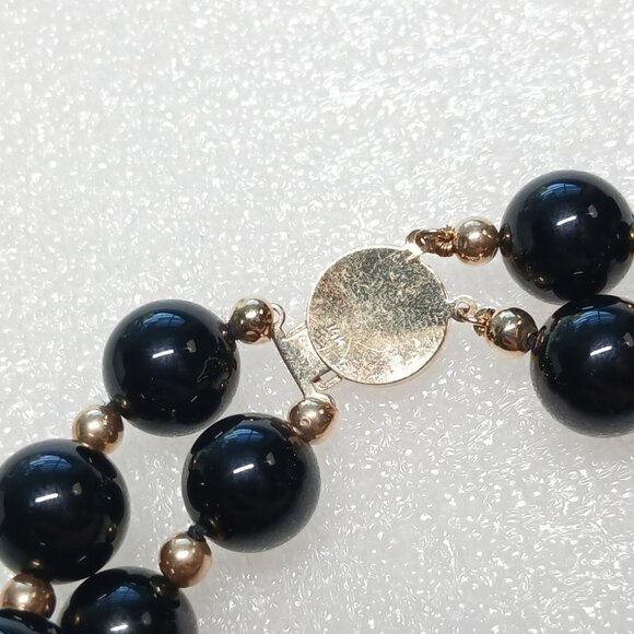 14K Yellow Gold Black Onyx Bead Double Strand Bracelet 8" 41.9g Estate VGUC - Picture 11 of 15